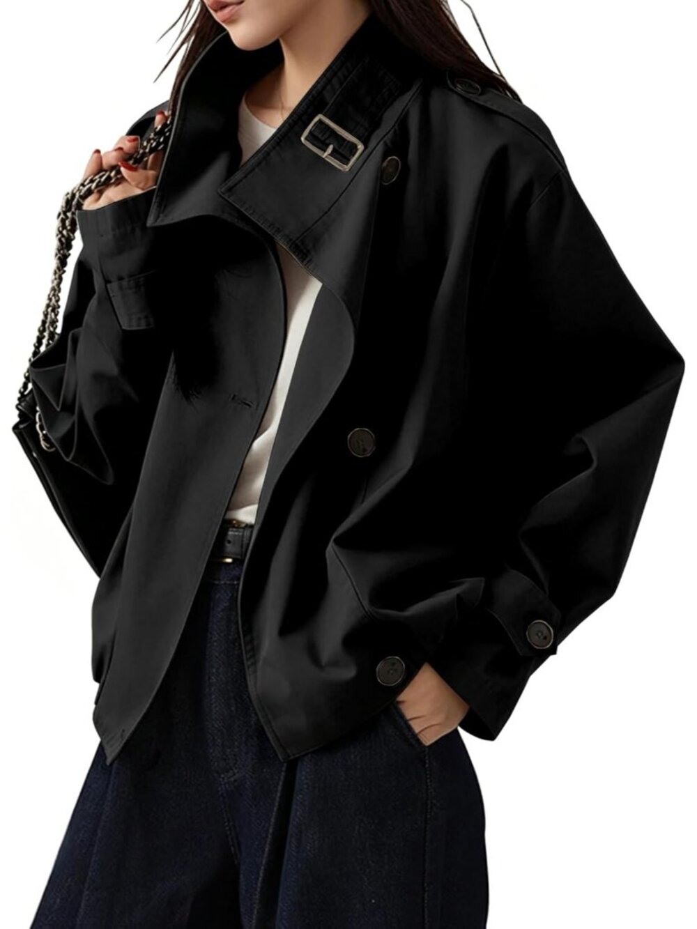 Women’s Black Funnel Neck Vintage Cropped Jacket Elastic Hem Trench Coat